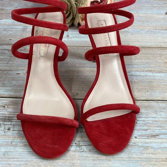 AVEC LES FILLES Joia Red Kid Suede Ankle Wrap Sandal 6M - Picture 14 of 14